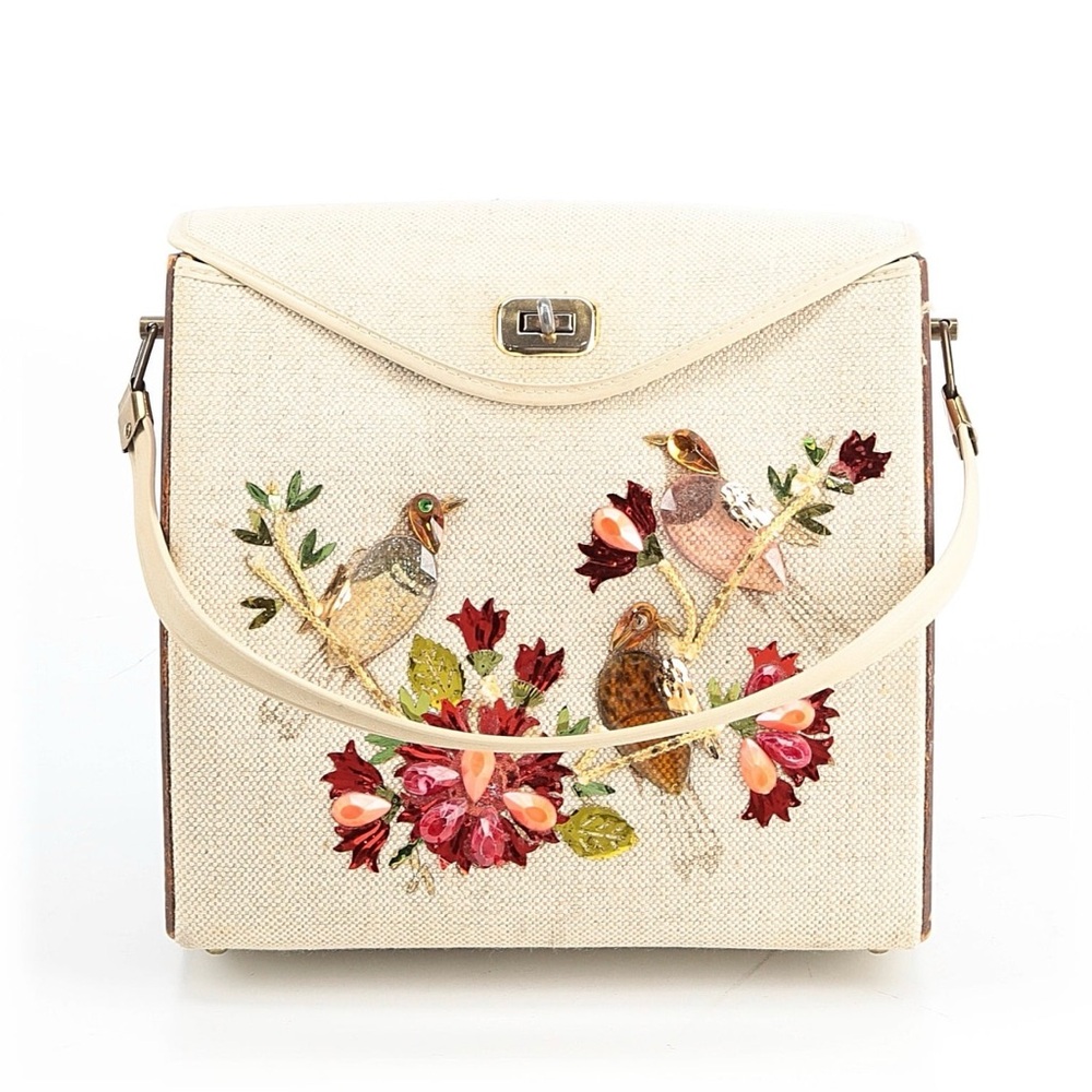 Vintage Embroidered Cream Handbag with Wooden side panels